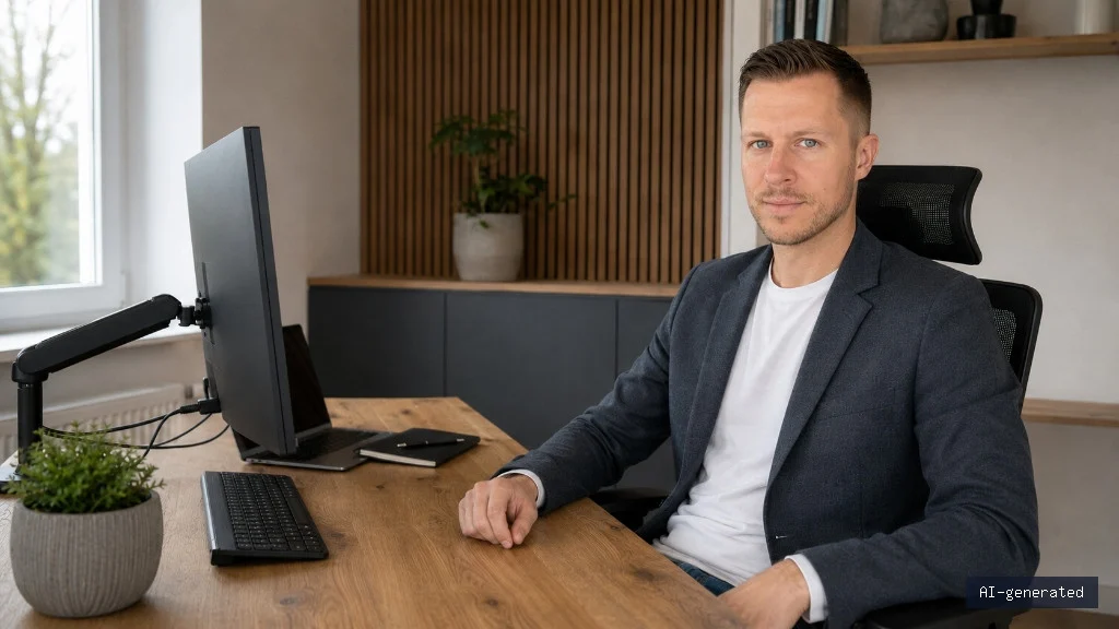 Florian Schroeder am ergonomischen Schreibtisch-Setup mit Monitorarm und Akustikwand