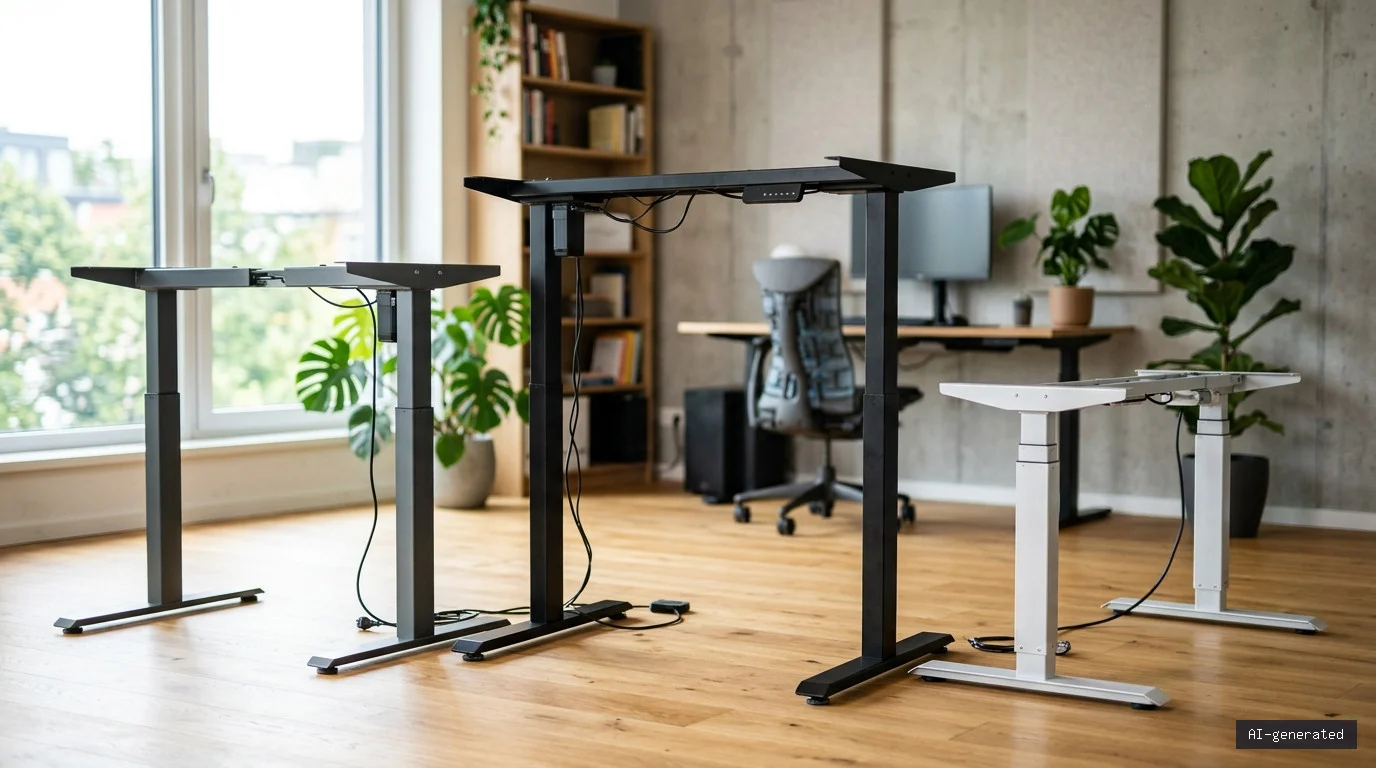 Themenillustration: drei höhenverstellbare Schreibtischgestelle ohne Tischplatte in einem Arbeitszimmer