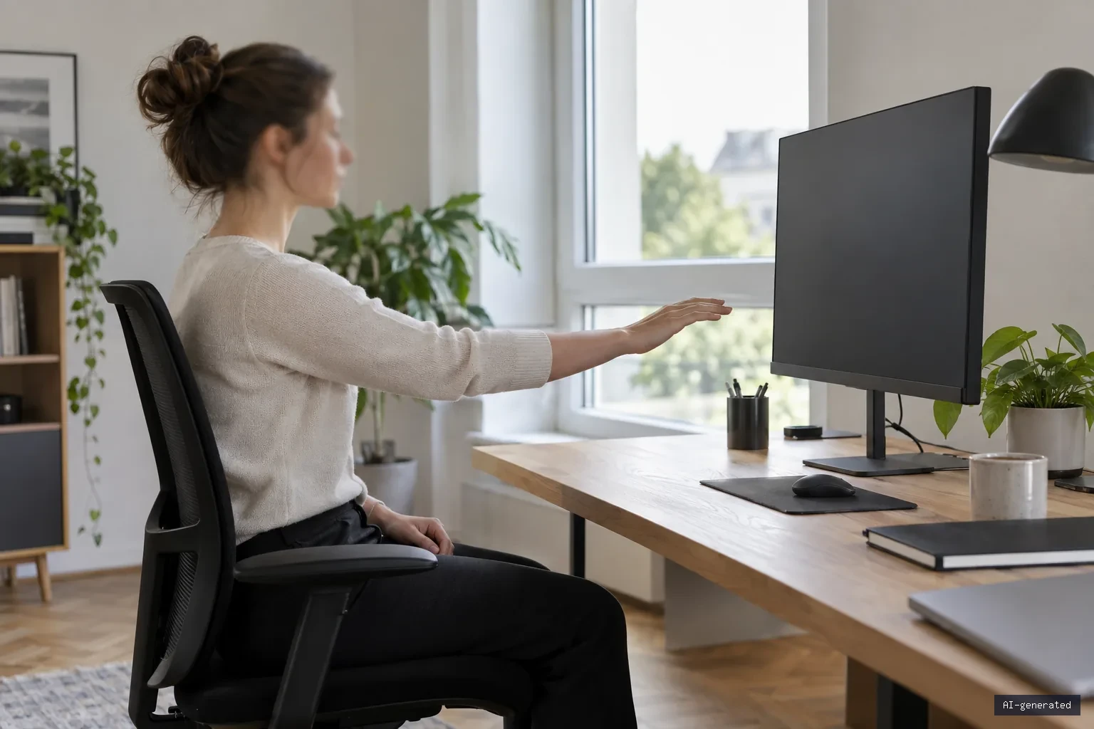 Symbolbild: Person sitzt am Schreibtisch und streckt den Arm zum Monitor aus, um den Abstand abzuschätzen