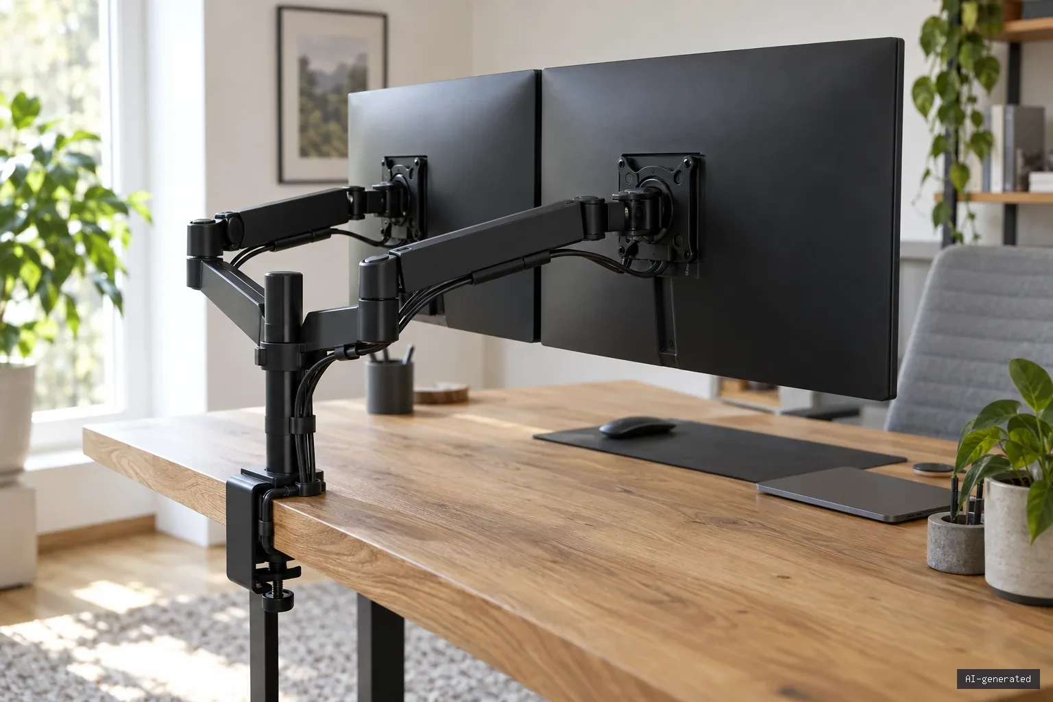 Symbolbild: Rückansicht von zwei Monitoren an einem Doppel-Monitorarm mit Tischklemme an der Schreibtischkante