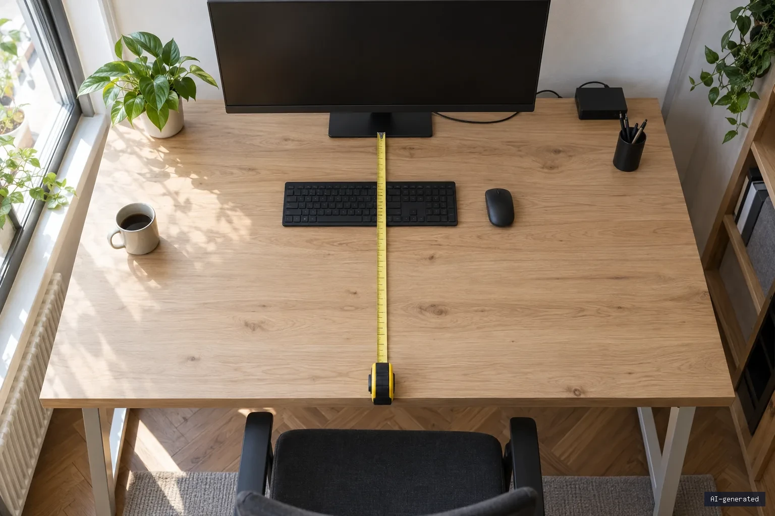Symbolbild: Schreibtischplatte von oben mit quer ausgelegtem Maßband, Monitor am hinteren Rand und Tastatur davor