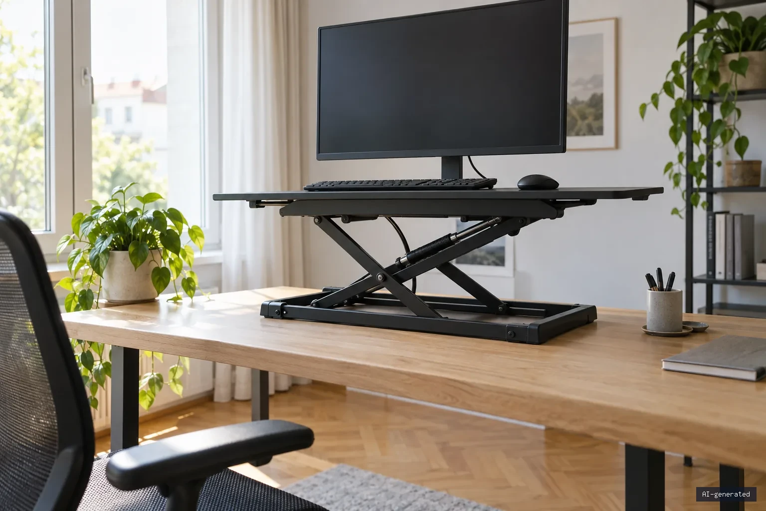 Symbolbild: Höhenverstellbarer Sitz-Steh-Aufsatz in angehobener Position auf einem Schreibtisch, darauf Monitor und Tastatur