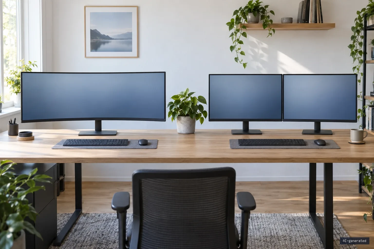 Symbolbild: Gebogener Ultrawide-Monitor neben zwei normalen Monitoren auf einem langen Schreibtisch