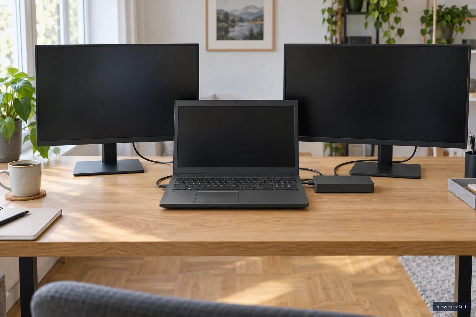 Symbolbild: Notebook auf dem Schreibtisch, über ein Dock mit Kabeln an zwei Monitore angeschlossen